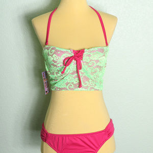 Fresh Peaches Swimwear Sz M Pink Green Neon Lace